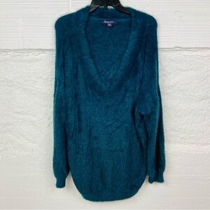 ROAMANS green blue turquoise teddy fuzzy V neck soft comfy sweater size 18/20
